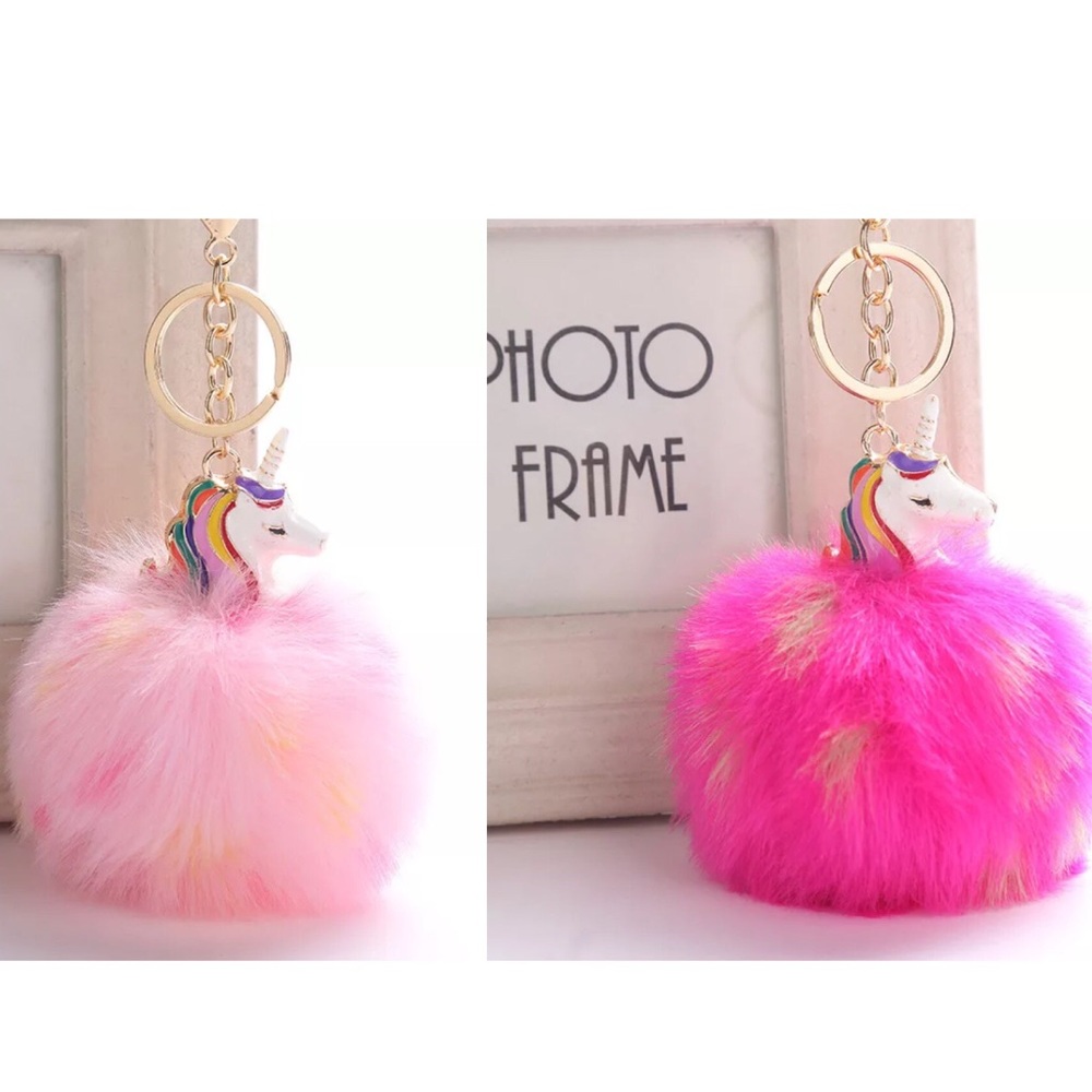 Fluffy Unicorn Pom Pom Keychain.